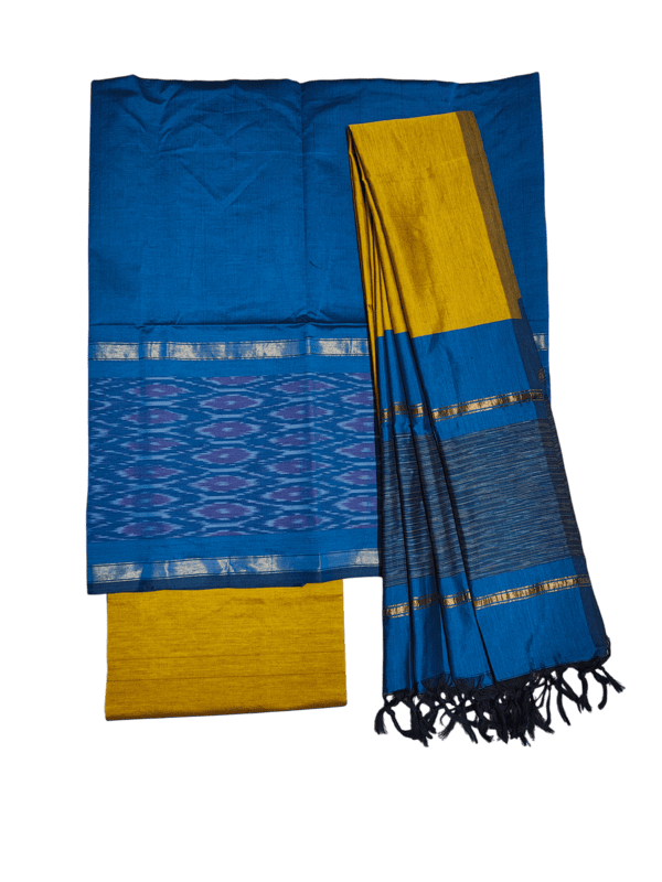 Firoza & Mustard Pochampally Ikkat Silk Unstitched Suit Set