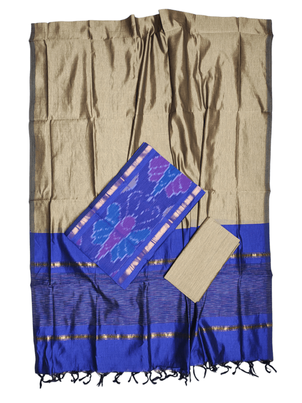 Lavender & Beige Pochampally Ikkat Silk Dress Material with Dupatta