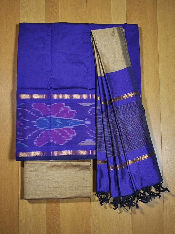 Lavender & Beige Pochampally Ikkat Silk Dress Material with Dupatta