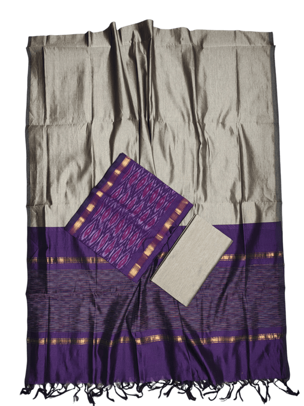 Dark Purple & Beige Pochampally Ikkat Silk Dress Material with Dupatta