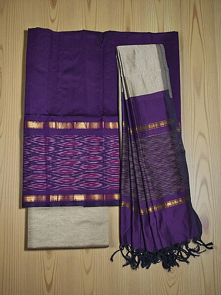 Dark Purple & Beige Pochampally Ikkat Silk Dress Material with Dupatta