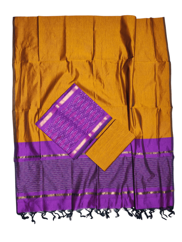Purple & Mustard Pochampally Ikkat Silk Unstitched Suit Set