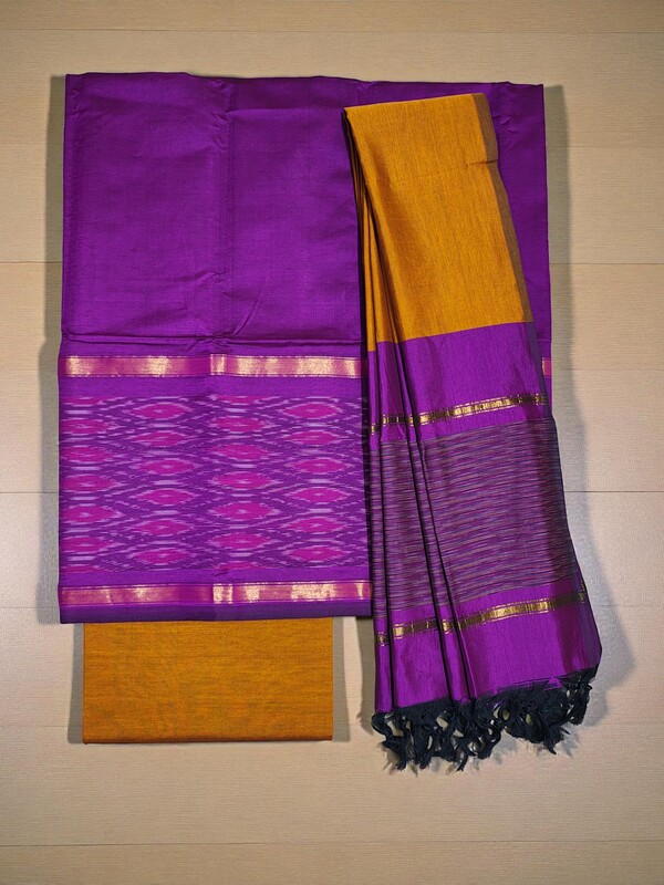 Purple & Mustard Pochampally Ikkat Silk Unstitched Suit Set