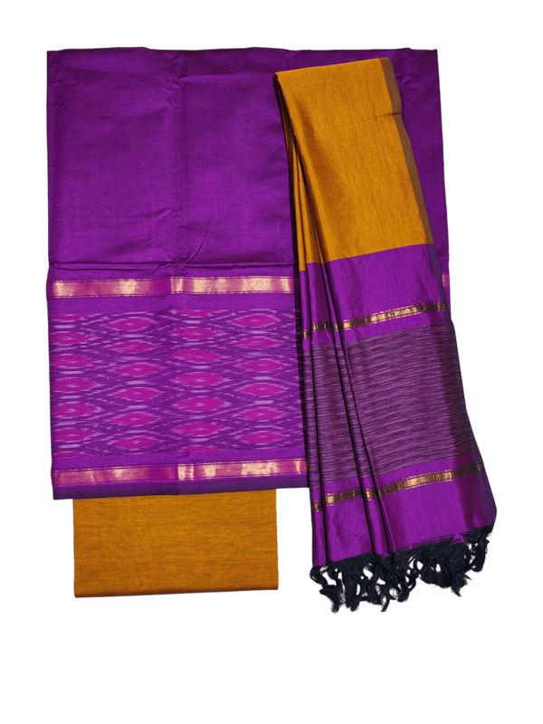 Purple & Mustard Pochampally Ikkat Silk Unstitched Suit Set