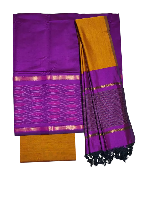 Purple & Mustard Pochampally Ikkat Silk Unstitched Suit Set
