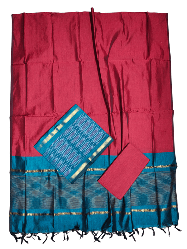 Firoza & Maroon Pochampally Ikkat Silk Unstitched Suit Set