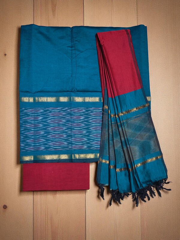 Firoza & Maroon Pochampally Ikkat Silk Unstitched Suit Set