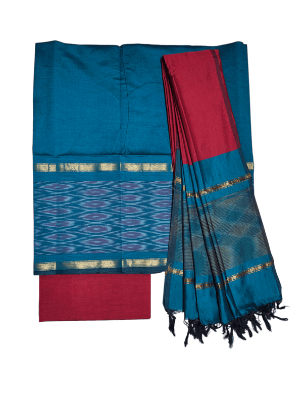 Firoza & Maroon Pochampally Ikkat Silk Unstitched Suit Set