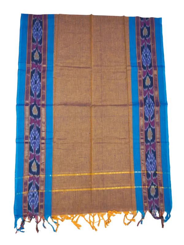 Blue & Mustard Handloom Mangalagiri Cotton Dress Materials with Ikkat Border