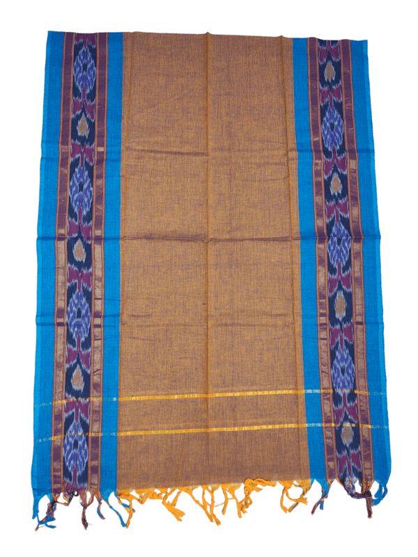 Blue & Mustard Handloom Mangalagiri Cotton Dress Materials with Ikkat Border