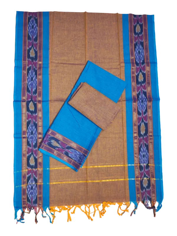 Blue & Mustard Handloom Mangalagiri Cotton Dress Materials with Ikkat Border