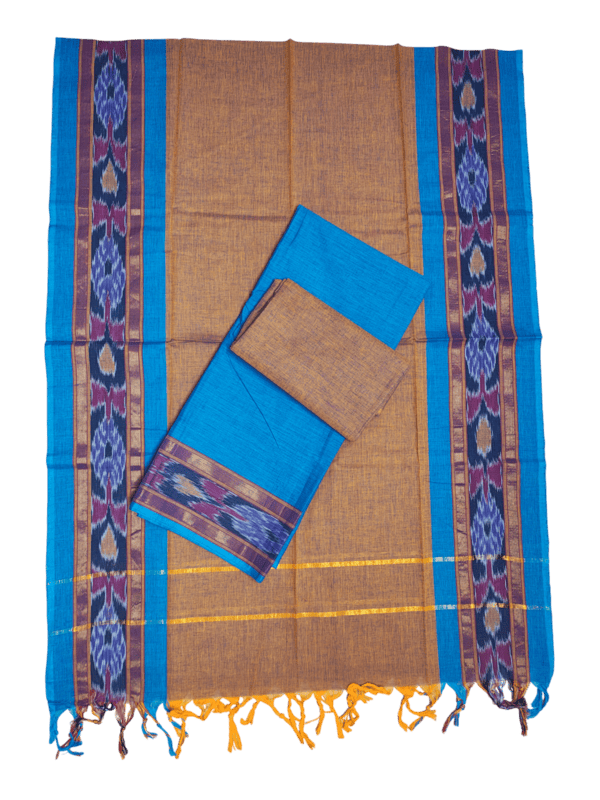 Blue & Mustard Handloom Mangalagiri Cotton Dress Materials with Ikkat Border