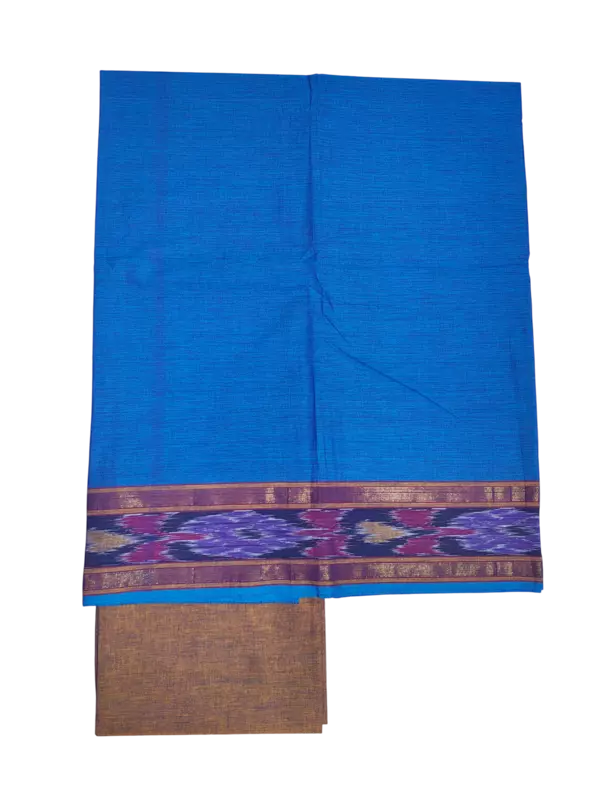 Blue & Mustard Handloom Mangalagiri Cotton Dress Materials with Ikkat Border