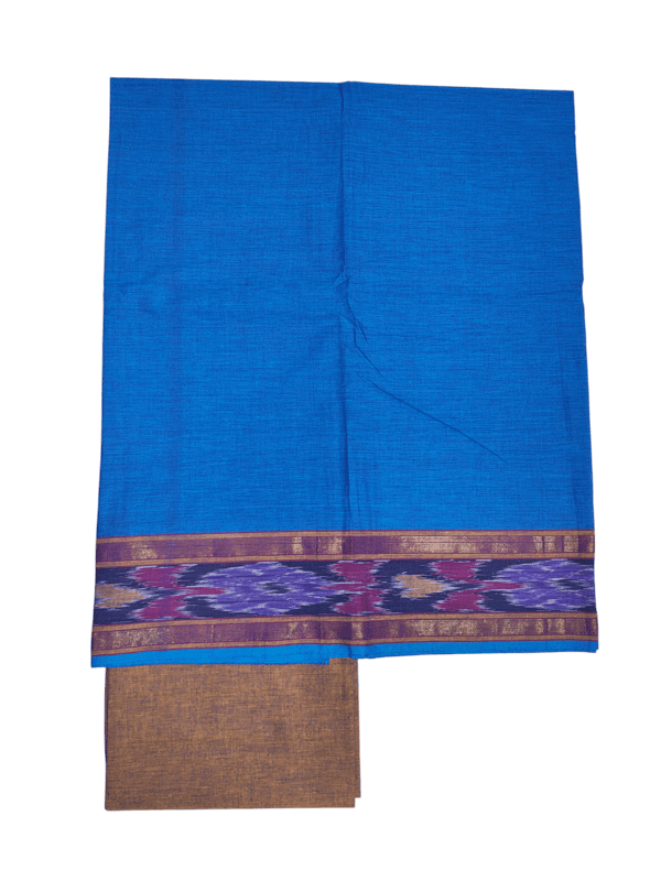 Blue & Mustard Handloom Mangalagiri Cotton Dress Materials with Ikkat Border