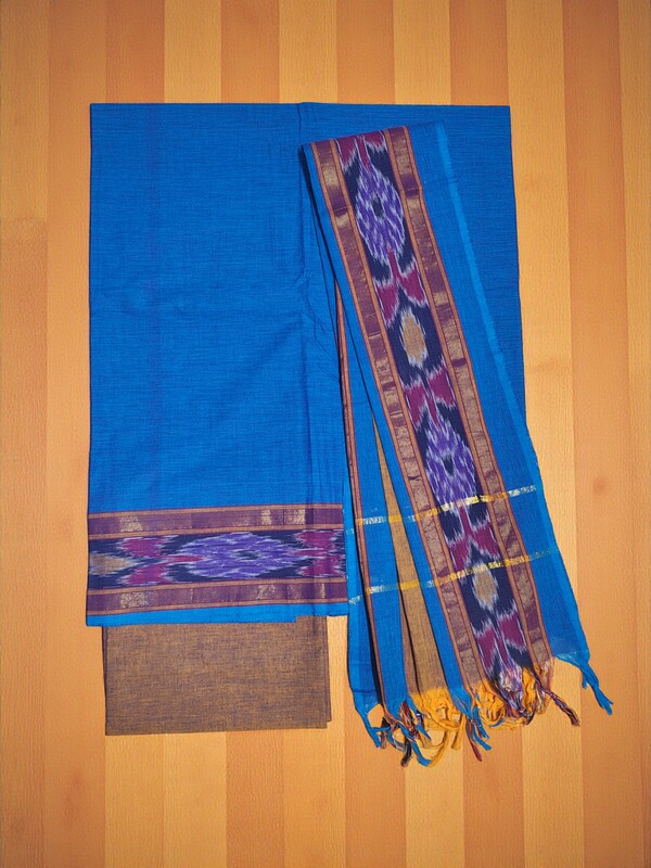 Blue & Mustard Handloom Mangalagiri Cotton Dress Materials with Ikkat Border