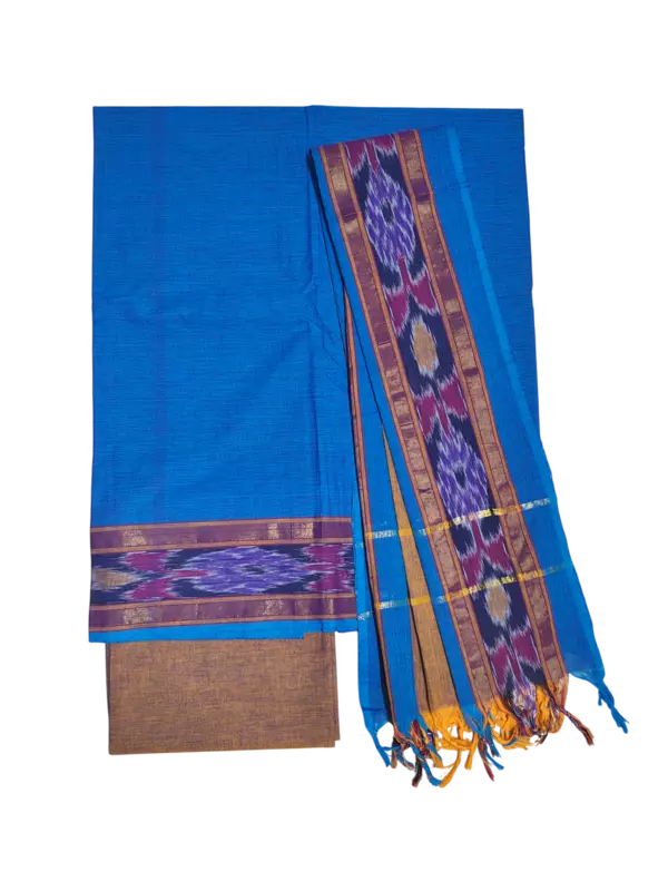 Blue & Mustard Handloom Mangalagiri Cotton Dress Materials with Ikkat Border