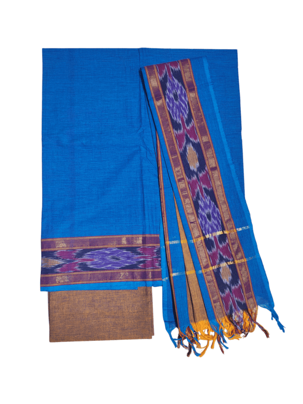 Blue & Mustard Handloom Mangalagiri Cotton Dress Materials with Ikkat Border