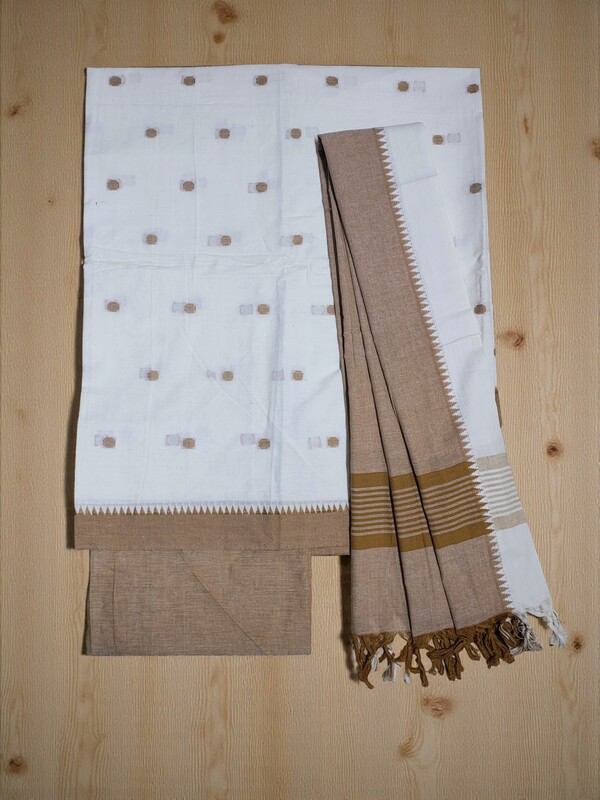 Red & White Handloom Mangalagiri Cotton Plain Unstitched Salwar Suit with Temple Border for Women