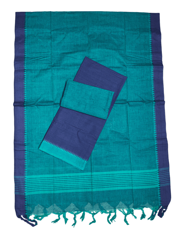 Navy Blue & Green Handloom Mangalagiri Cotton Dress Materials with Ikkat Border