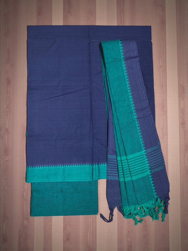 Navy Blue & Green Handloom Mangalagiri Cotton Dress Materials with Ikkat Border