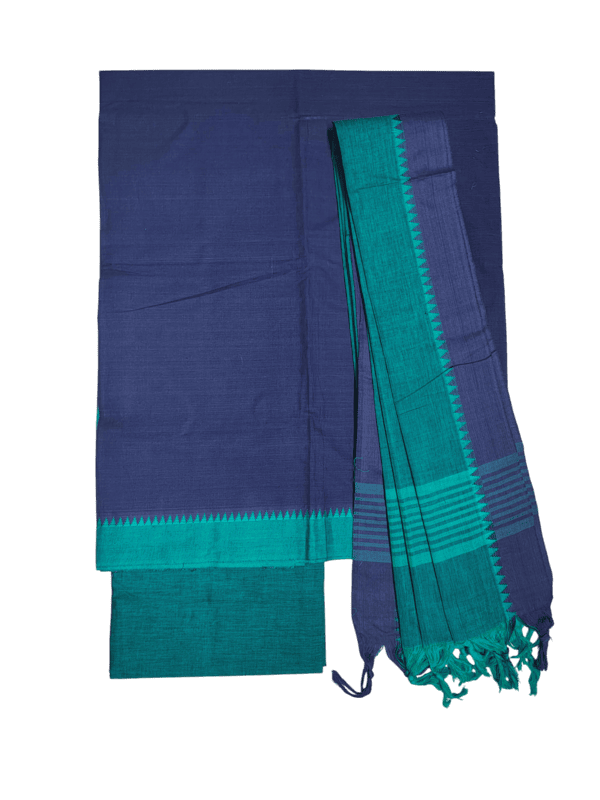 Navy Blue & Green Handloom Mangalagiri Cotton Dress Materials with Ikkat Border