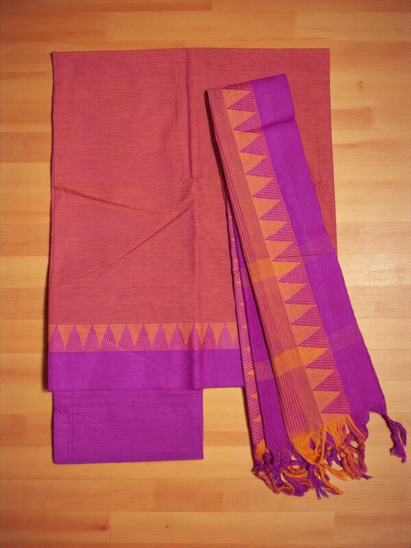 Orange & Pink Handloom Mangalagiri Cotton Plain Unstitched Salwar Suit with Temple Border for Women