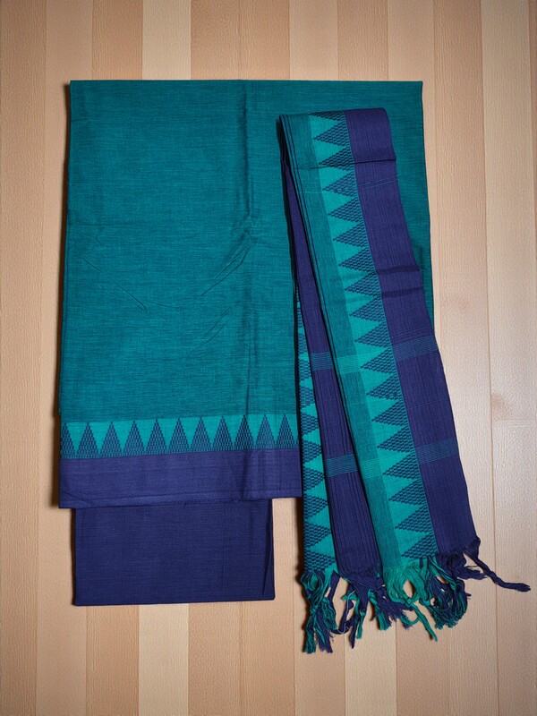 Green & Blue Mangalagiri Cotton Unstitched Salwar Suit Set with Dupatta for Women