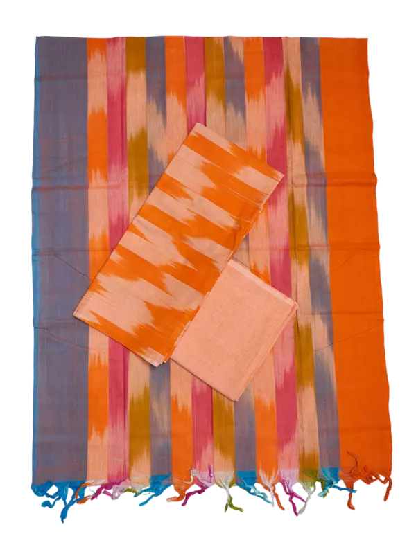 Orange Ikkat Cotton Dress Material with Dupatta