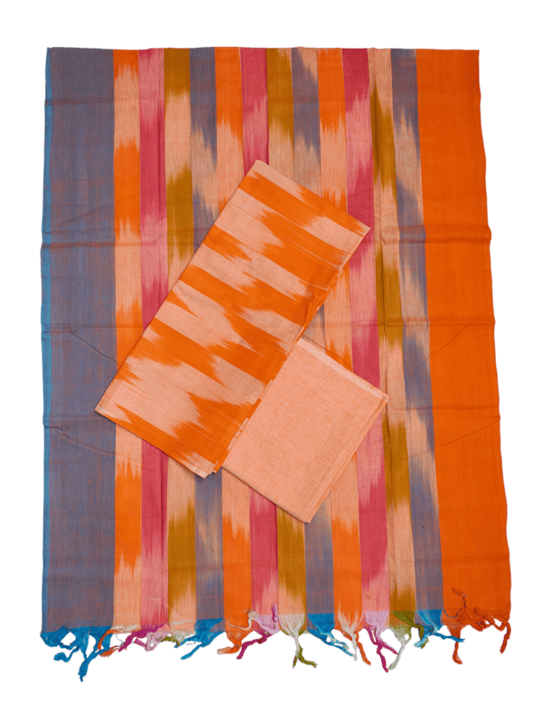 Orange Ikkat Cotton Dress Material with Dupatta