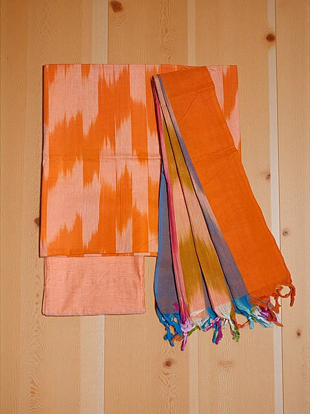 Orange Ikkat Cotton Dress Material with Dupatta