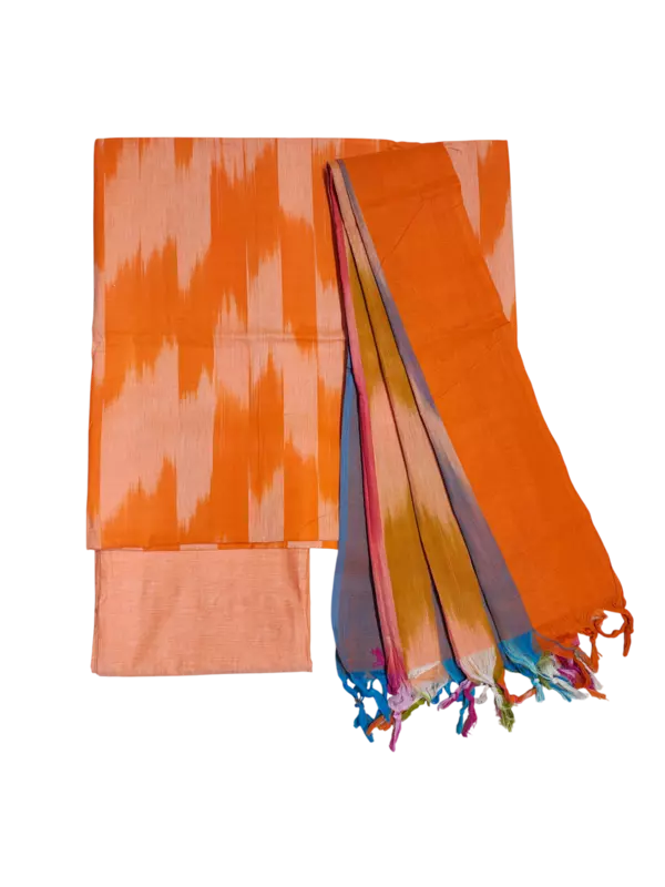 Orange Ikkat Cotton Dress Material with Dupatta