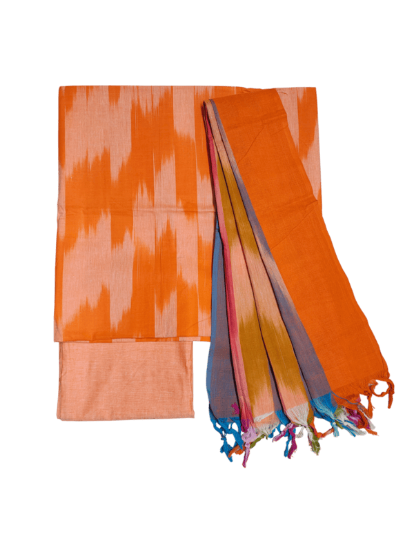 Orange Ikkat Cotton Dress Material with Dupatta