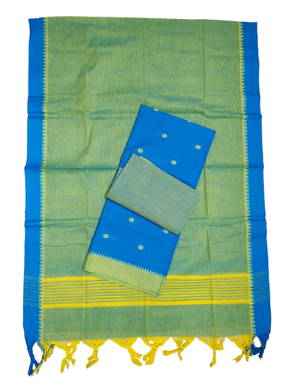 Green & Blue Handloom Mangalagiri Cotton Plain Unstitched Salwar Suit with Ikkat Border for Women