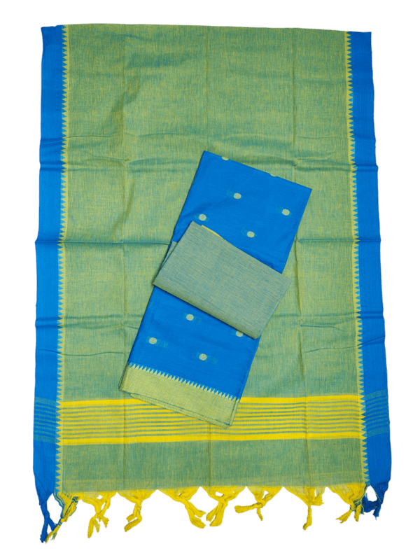 Green & Blue Handloom Mangalagiri Cotton Plain Unstitched Salwar Suit with Ikkat Border for Women
