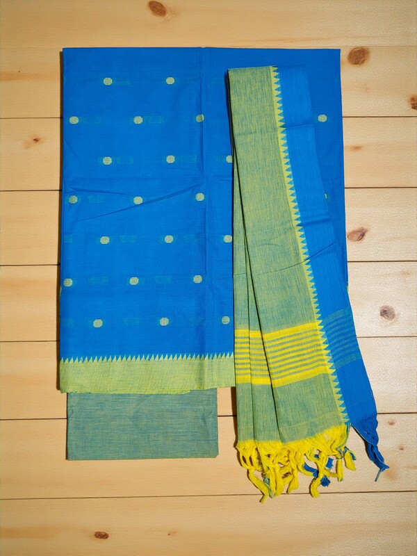 Green & Blue Handloom Mangalagiri Cotton Plain Unstitched Salwar Suit with Ikkat Border for Women