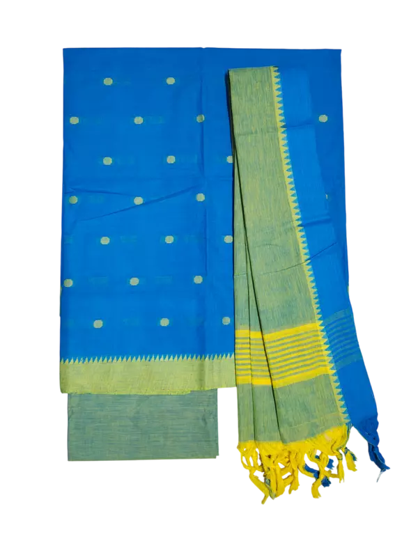 Green & Blue Handloom Mangalagiri Cotton Plain Unstitched Salwar Suit with Ikkat Border for Women