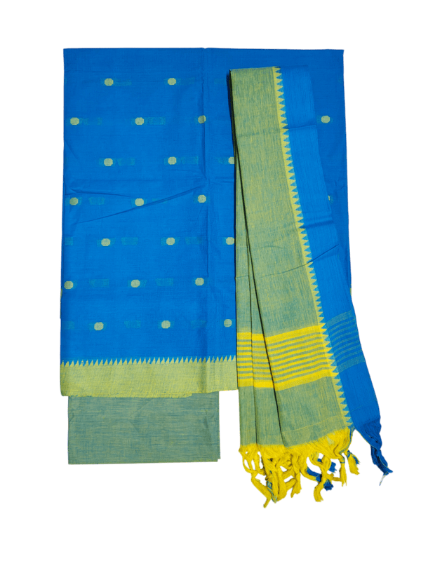 Green & Blue Handloom Mangalagiri Cotton Plain Unstitched Salwar Suit with Ikkat Border for Women