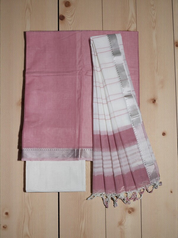 Light Pink Mangalagiri Cotton Unstitched Salwar Suit Set with Dupatta for Women