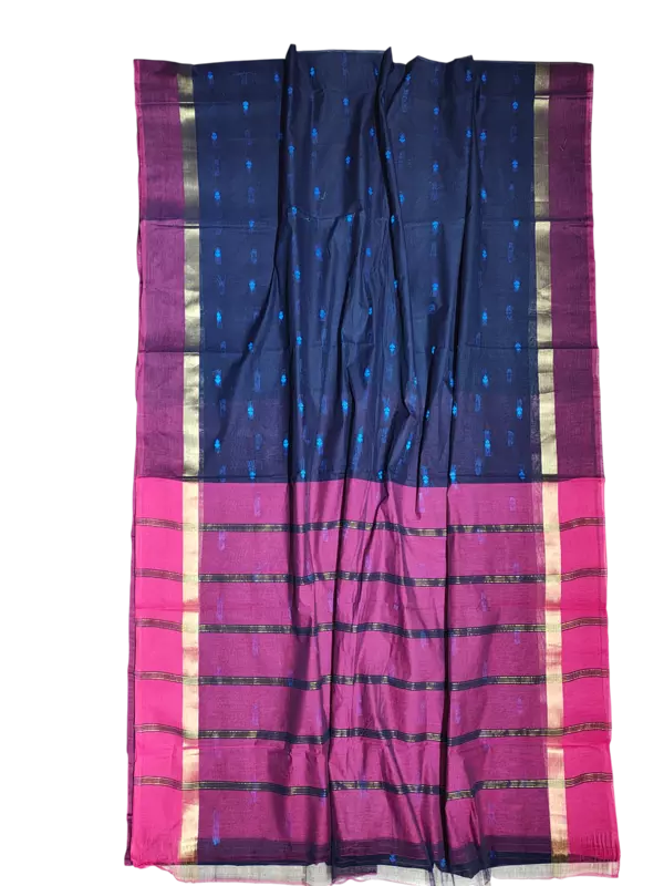 Navy Blue Mangalagiri Handloom Cotton Saree with Blouse Piece