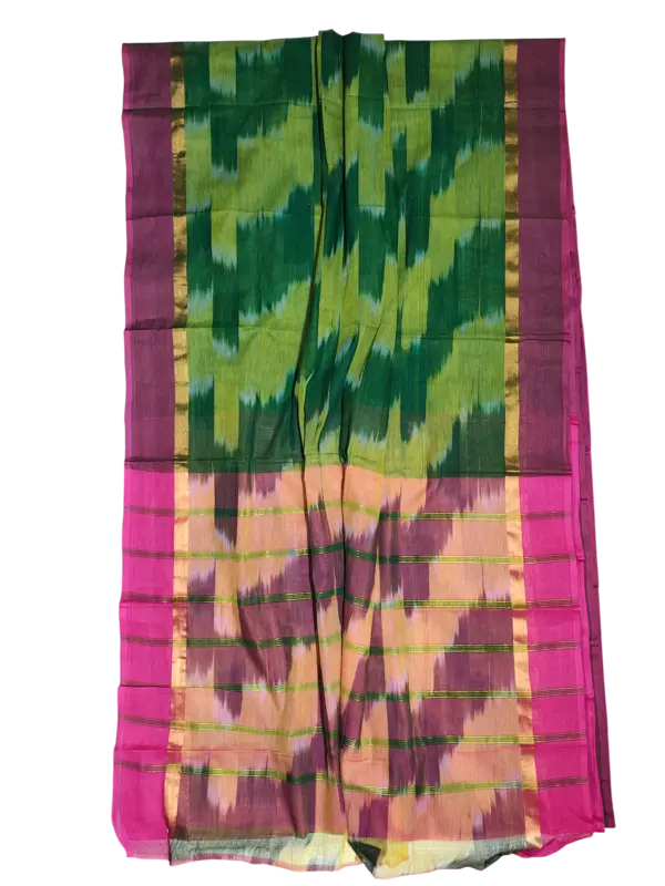 Olive Green Pochampally Ikkat Cotton Saree with Unstitched Blouse
