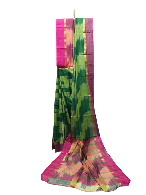 Olive Green Pochampally Ikkat Cotton Saree with Unstitched Blouse