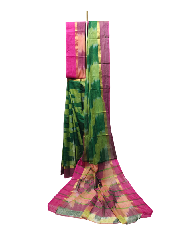 Olive Green Pochampally Ikkat Cotton Saree with Unstitched Blouse