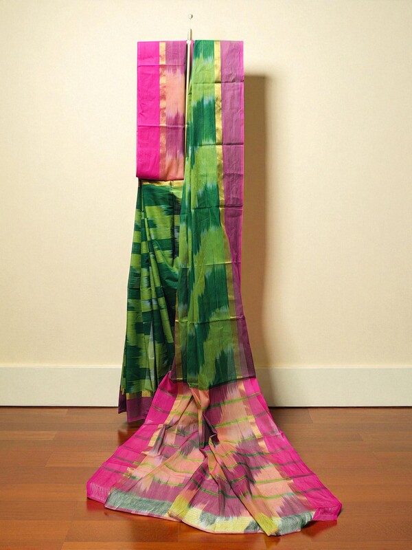 Olive Green Pochampally Ikkat Cotton Saree with Unstitched Blouse