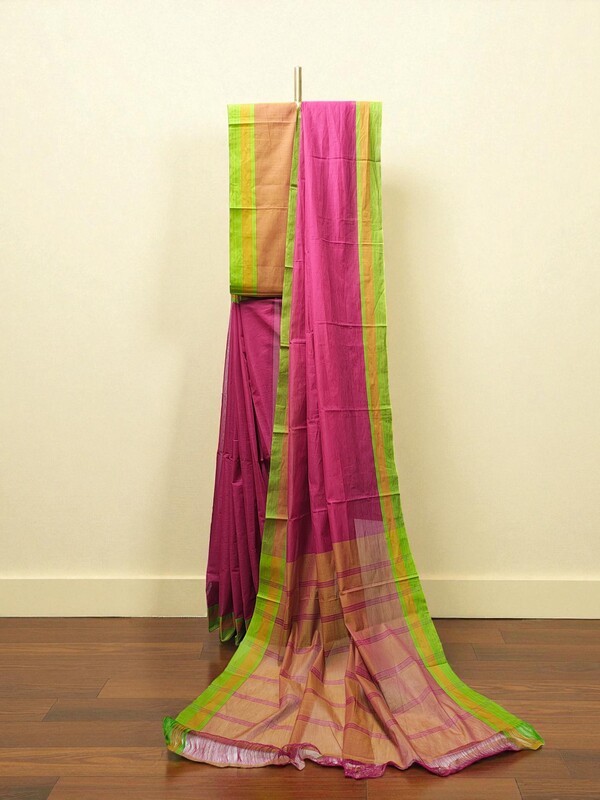 Dark Pink Mangalagiri Handloom Cotton Saree with Blouse Piece