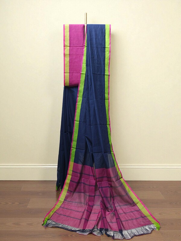 Dark Blue Mangalagiri Handloom Cotton Saree with Blouse Piece