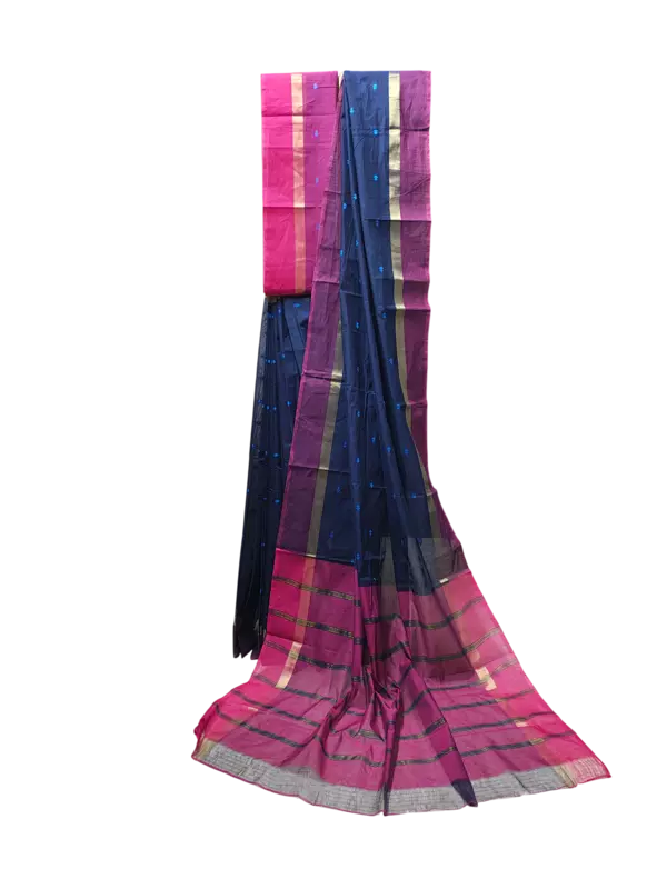 Navy Blue Mangalagiri Handloom Cotton Saree with Blouse Piece