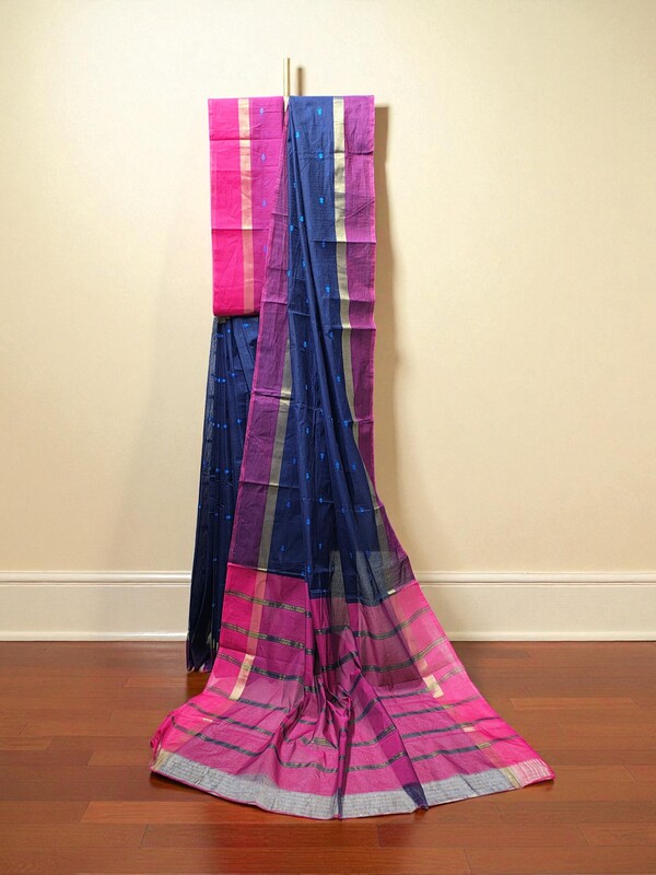 Navy Blue Mangalagiri Handloom Cotton Saree with Blouse Piece