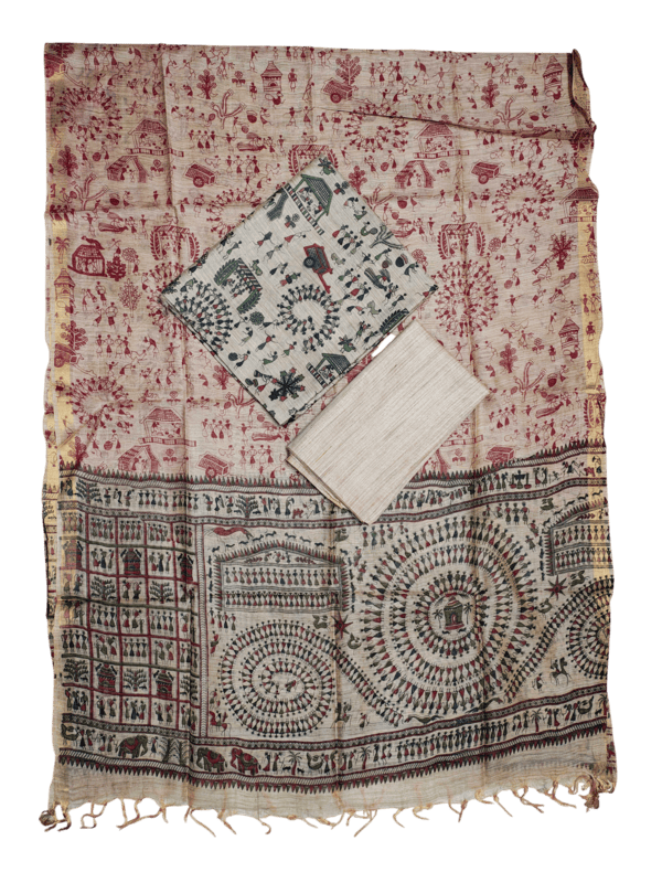 Black & Maroon Madhubani Print Unstitched Silk Salwar Suit with Dupatta