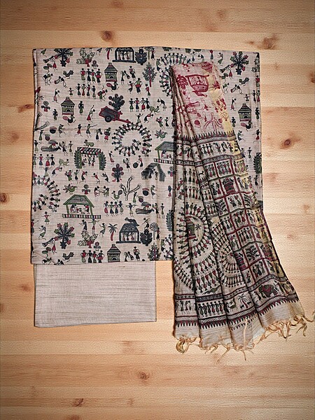 Black & Maroon Madhubani Print Unstitched Silk Salwar Suit with Dupatta