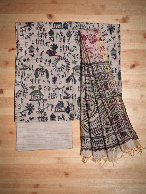 Black & Maroon Madhubani Print Unstitched Silk Salwar Suit with Dupatta